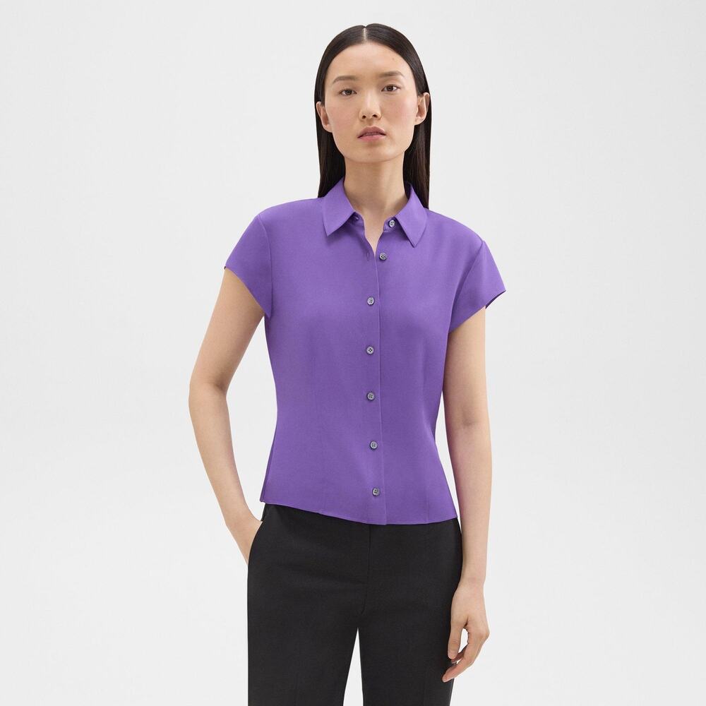 NWT Theory XL Cap Sleeve Blouse Top 100% Silk Georgette Bright Peony Purple
